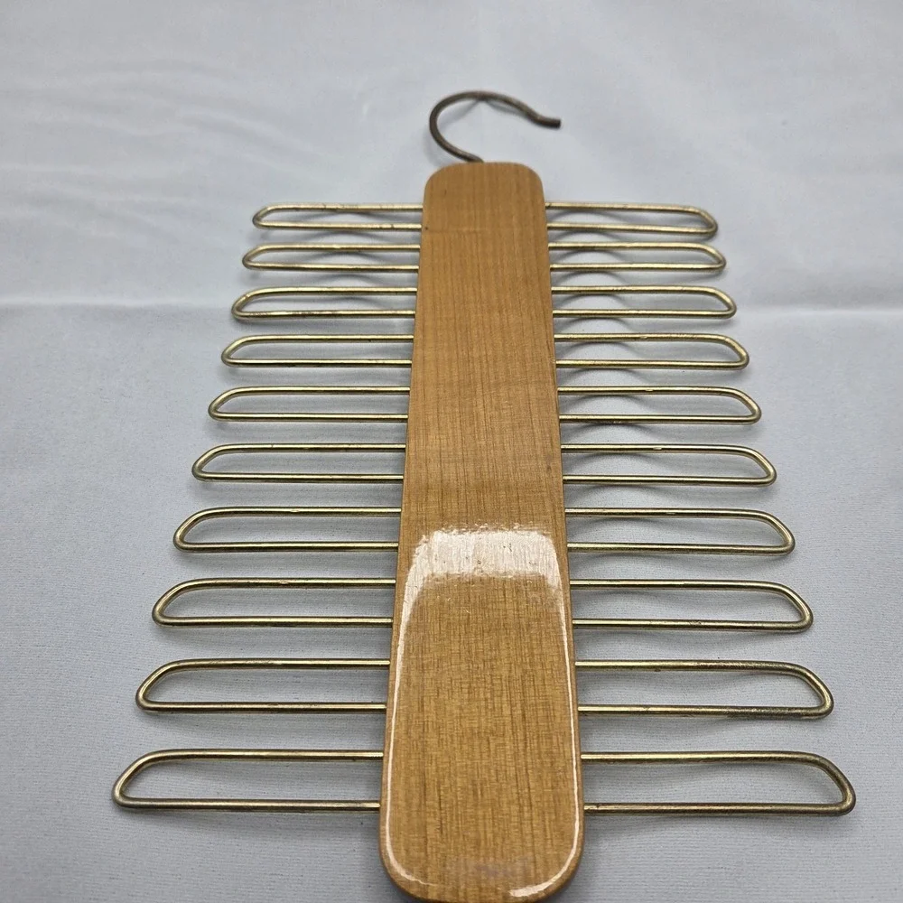 Vintage Wooden Tie Rack Hanger Brass Metal Arms Closet Organizer